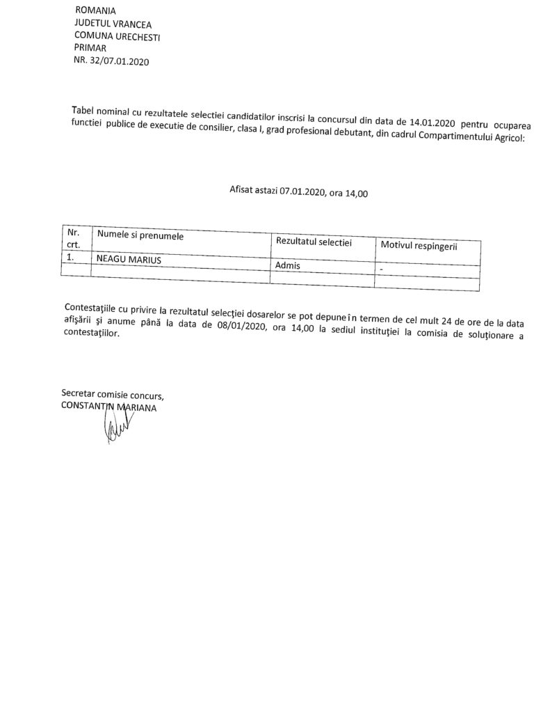 Rezultatetele candidatilor inscrisi la concurs